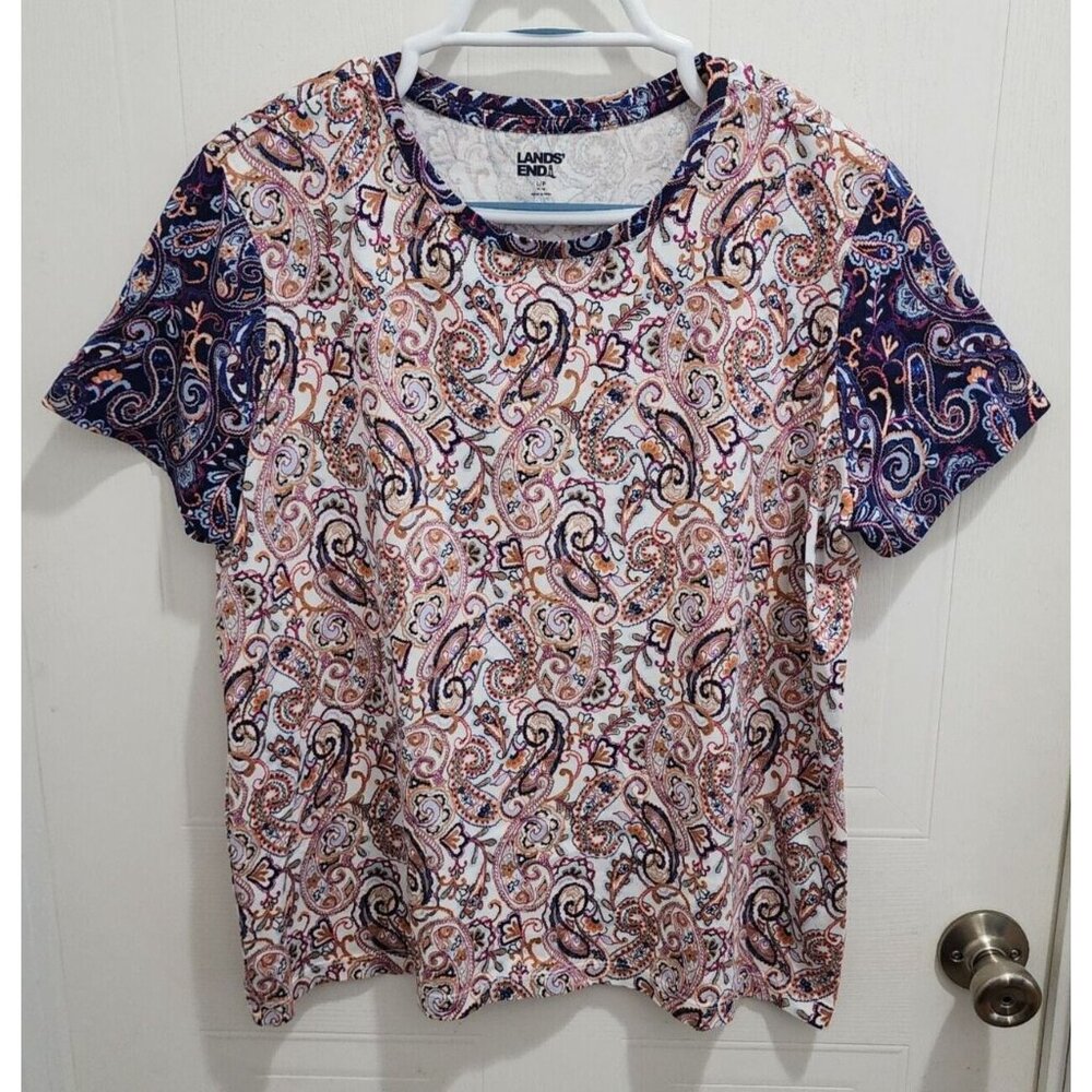 Lands End Women's Short Sleeve Tee Shirt Top White/Blue Paisley Cotton Size LP‎